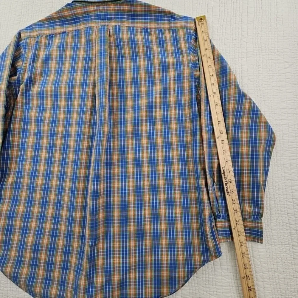 Ralph Lauren Classic Fit Shirt Men's 17 1/2 - 34/35 Blue Orange Plaid EUC Luxe‎